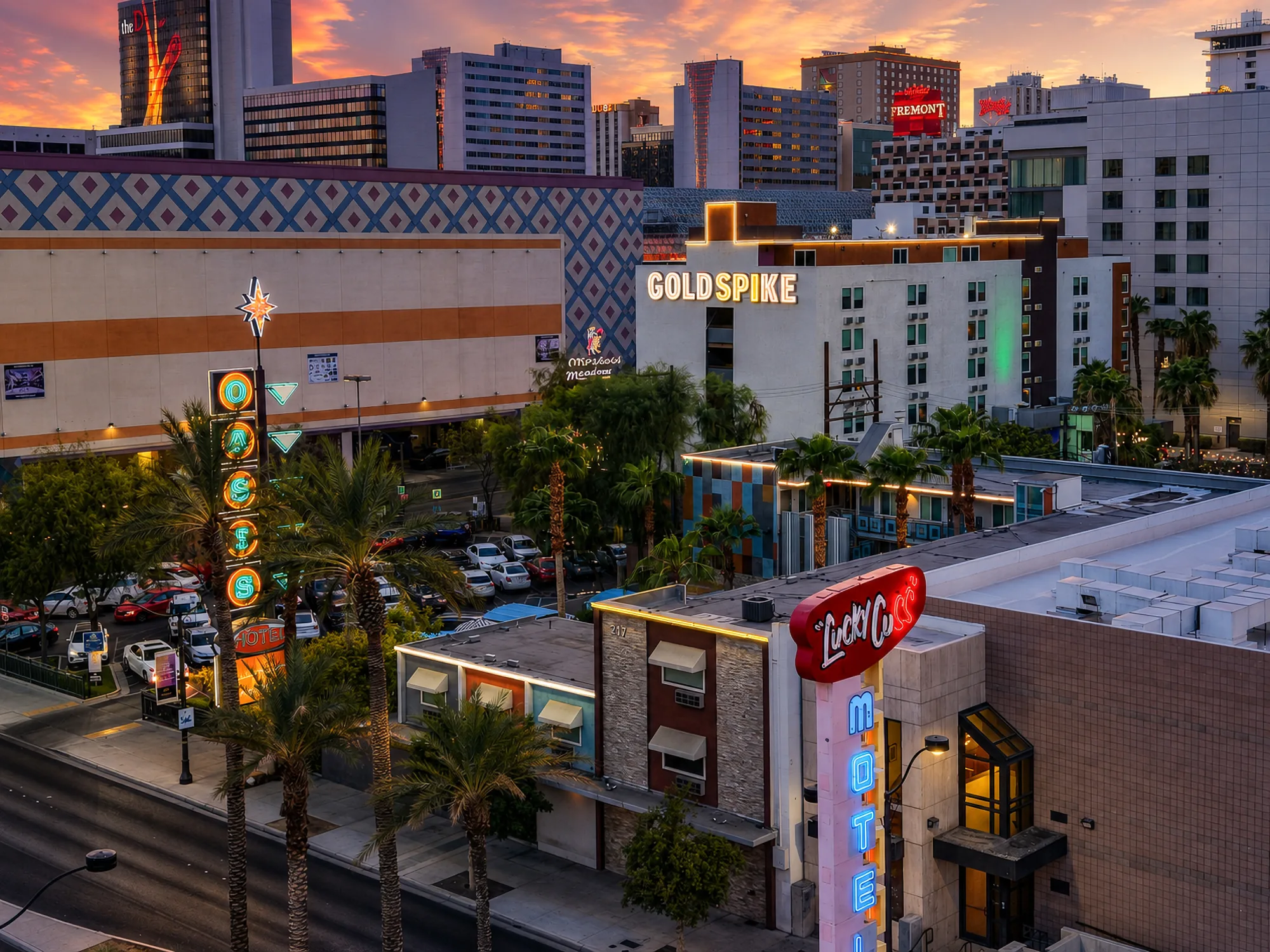 The Gold Spike marquee sign at sunset over Fremont East