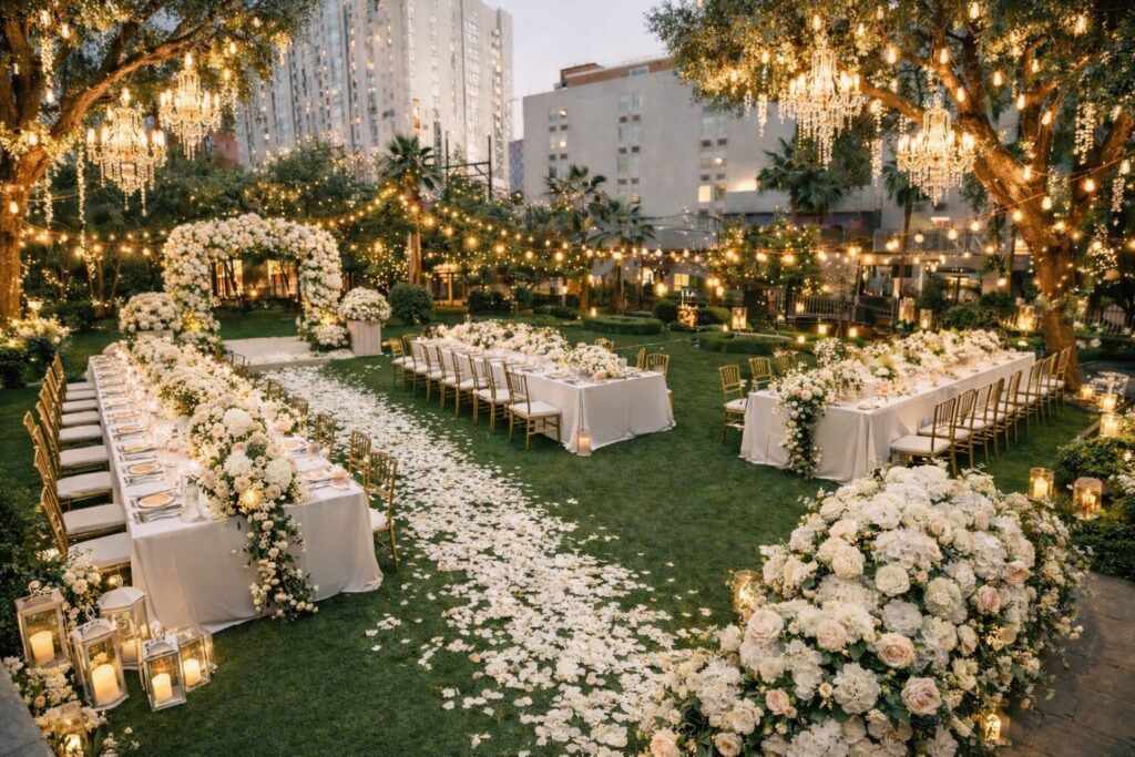 Wedding ceremony and reception setup in the Gold Spike Backyard